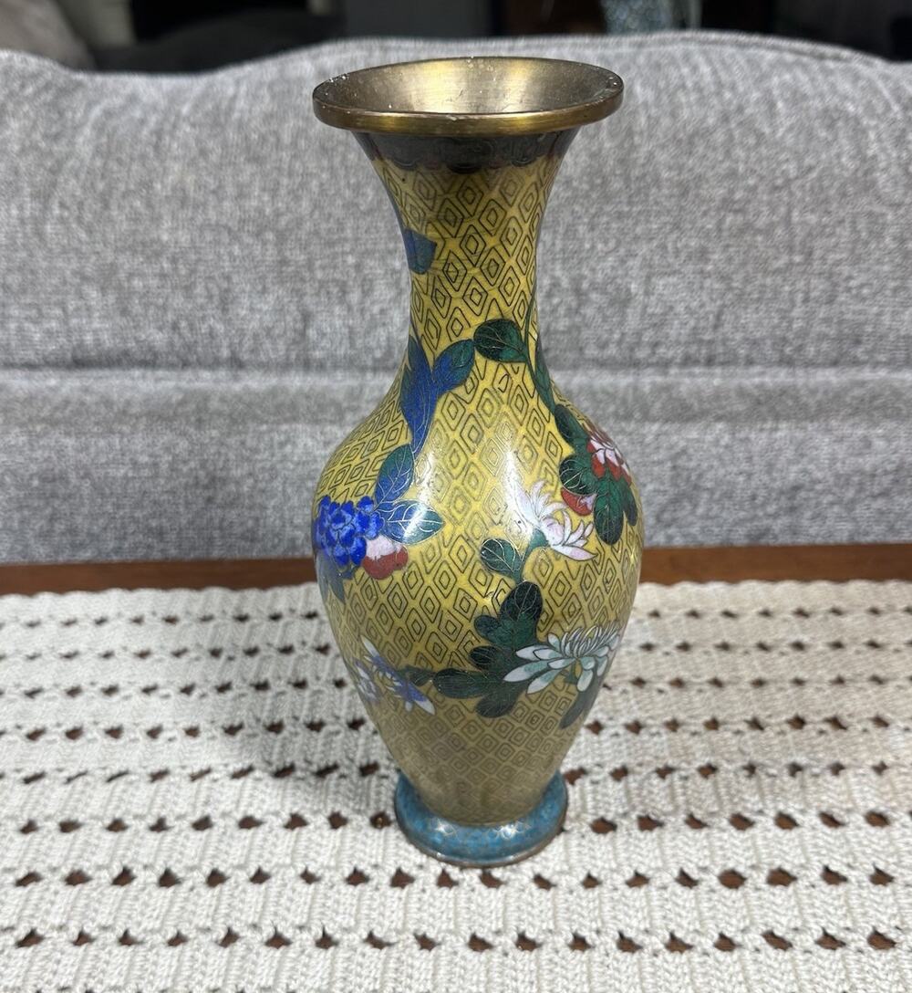 Vtg Chinese Cloisonne Yellow Blue Red Green Enamel Brass Flower Vase 9.5"